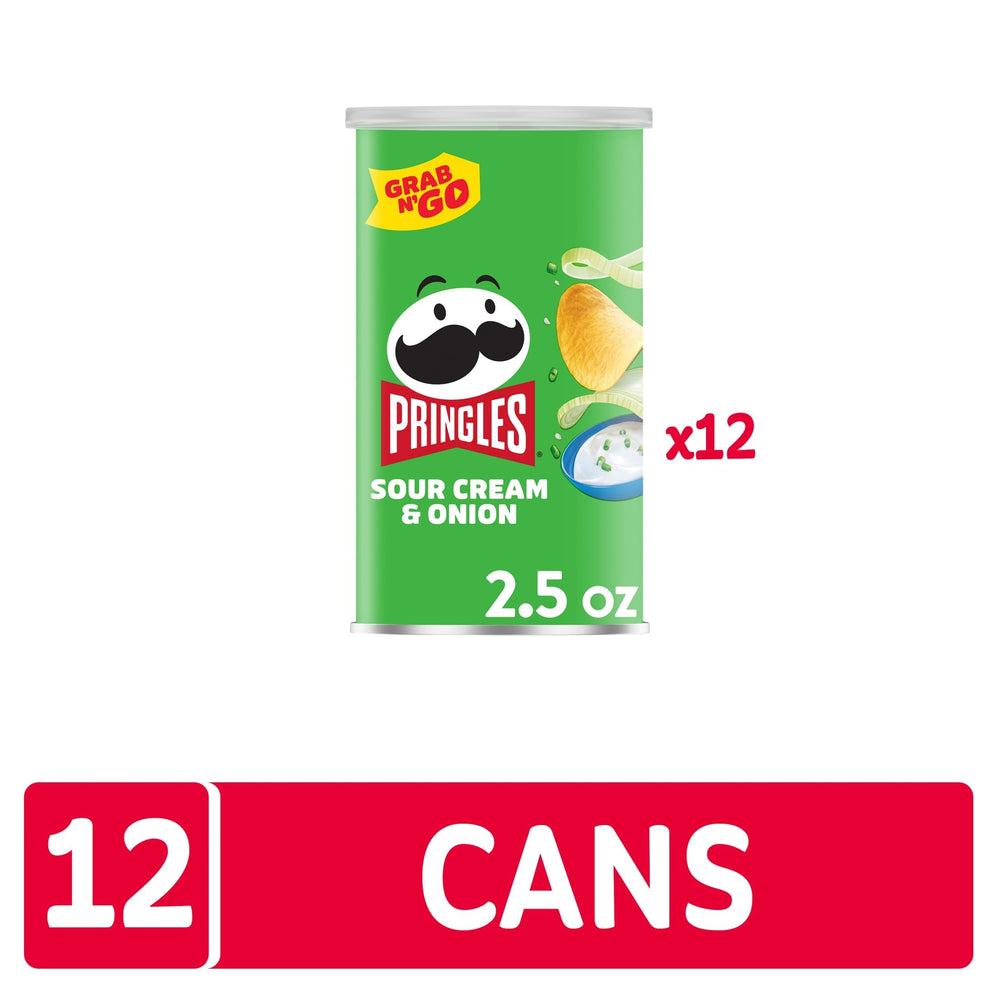 Pringles Sour Cream and Onion packaging shows 12 cans for sharing and on-the-go snacking.