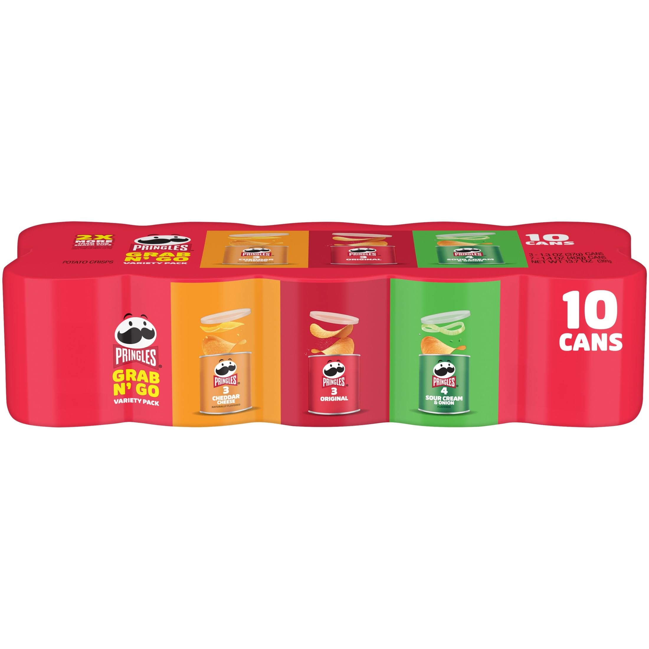 Pringles variety pack 10 cans closeup, convenient stackable snacking for quick cravings.