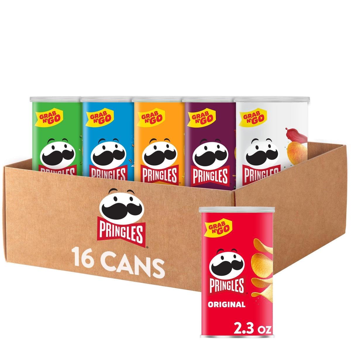 Pringles variety pack front view with 16 cans for on the go snacking.