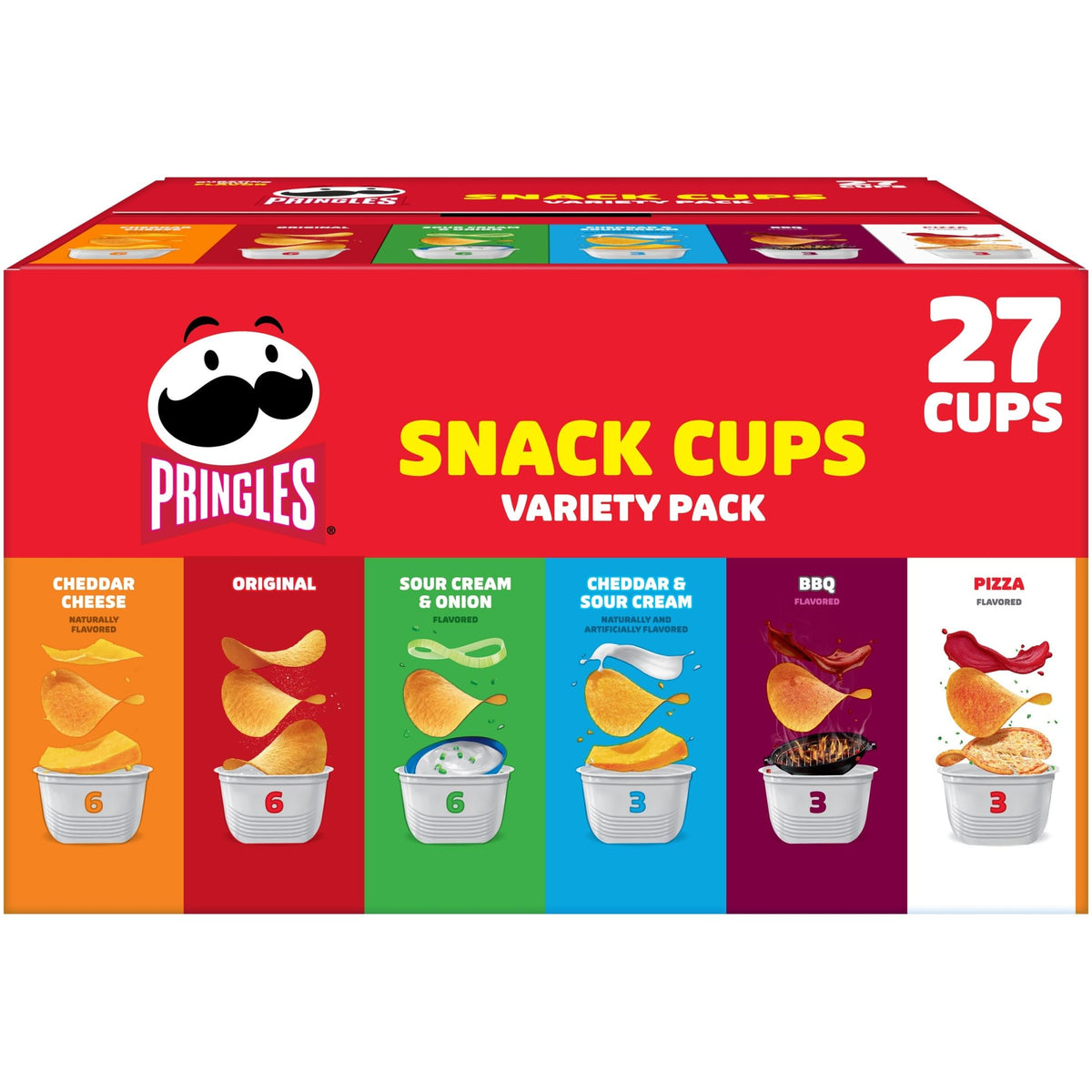 Pringles variety pack box front view showing 27 cups