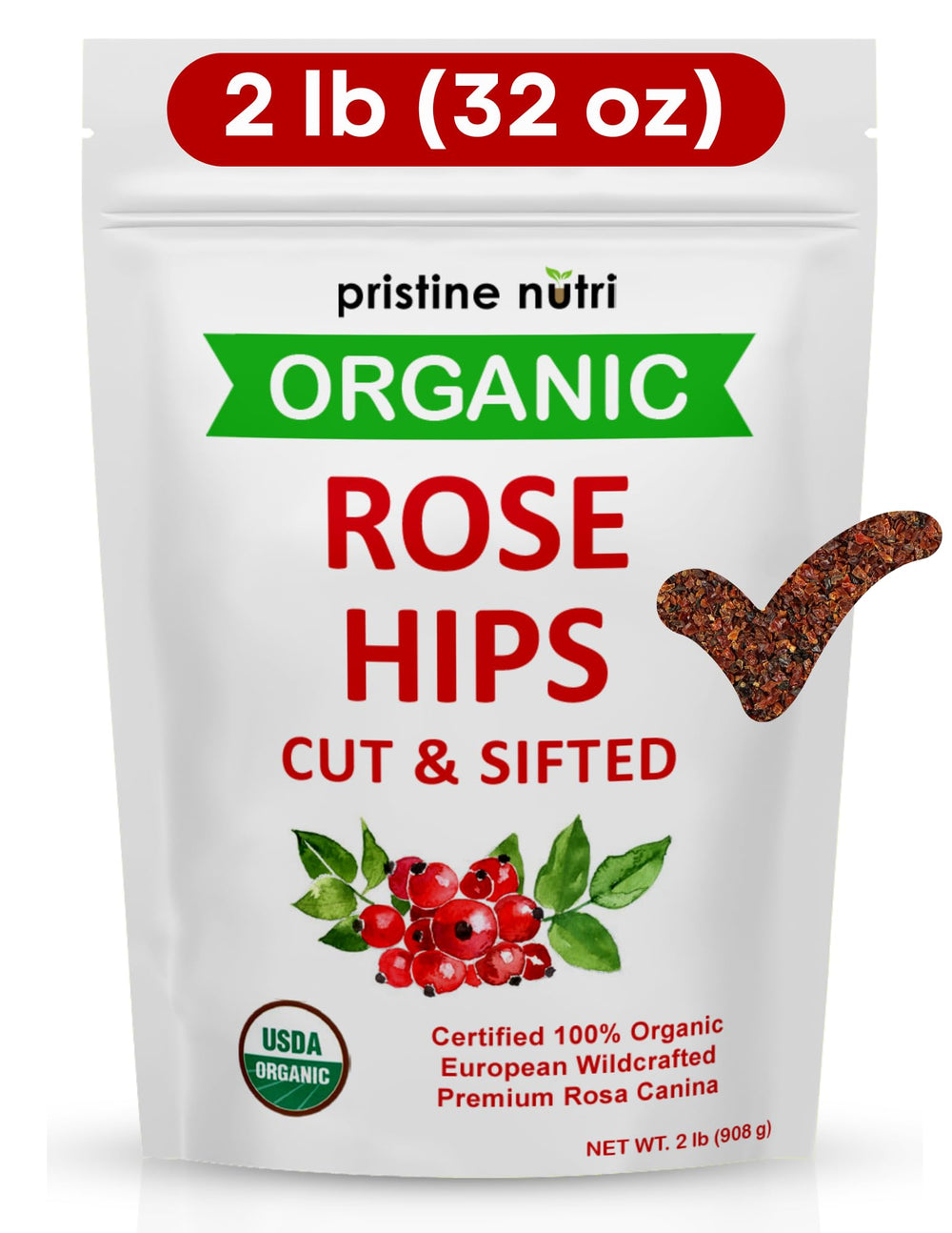 Pristine Nutri rosehips dried bulk bag showing value and resealability for long-term use.