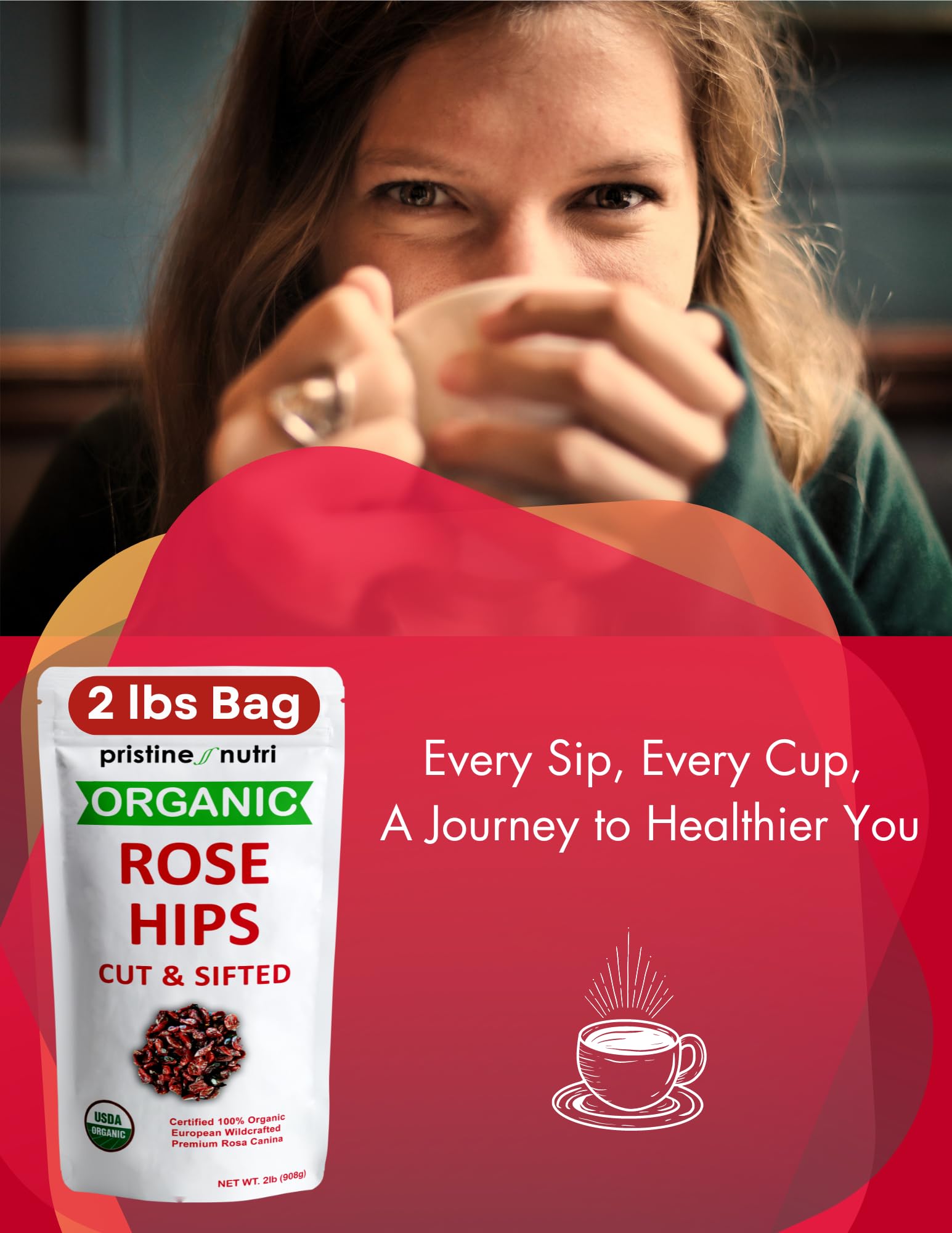 Pristine Nutri rosehips syrup in bottle shows versatile flavoring for dishes.