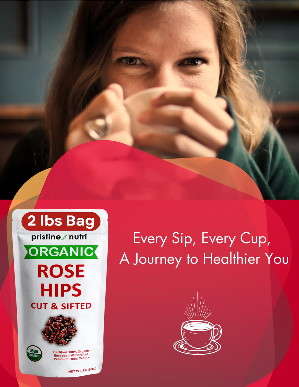 Pristine Nutri rosehips syrup in bottle shows versatile flavoring for dishes.