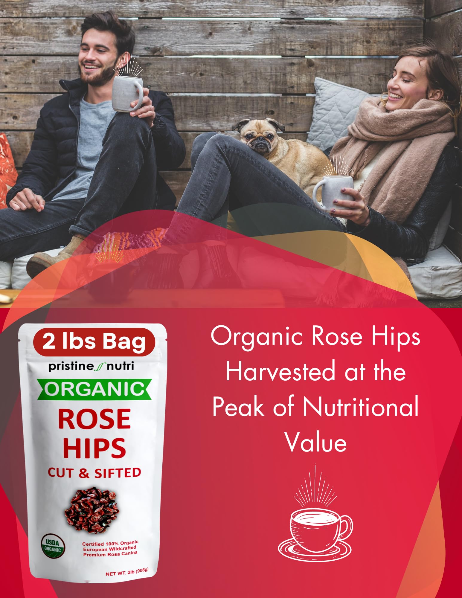 Pristine Nutri rosehips tea in cup demonstrates easy brewing and vitamin C rich beverage.