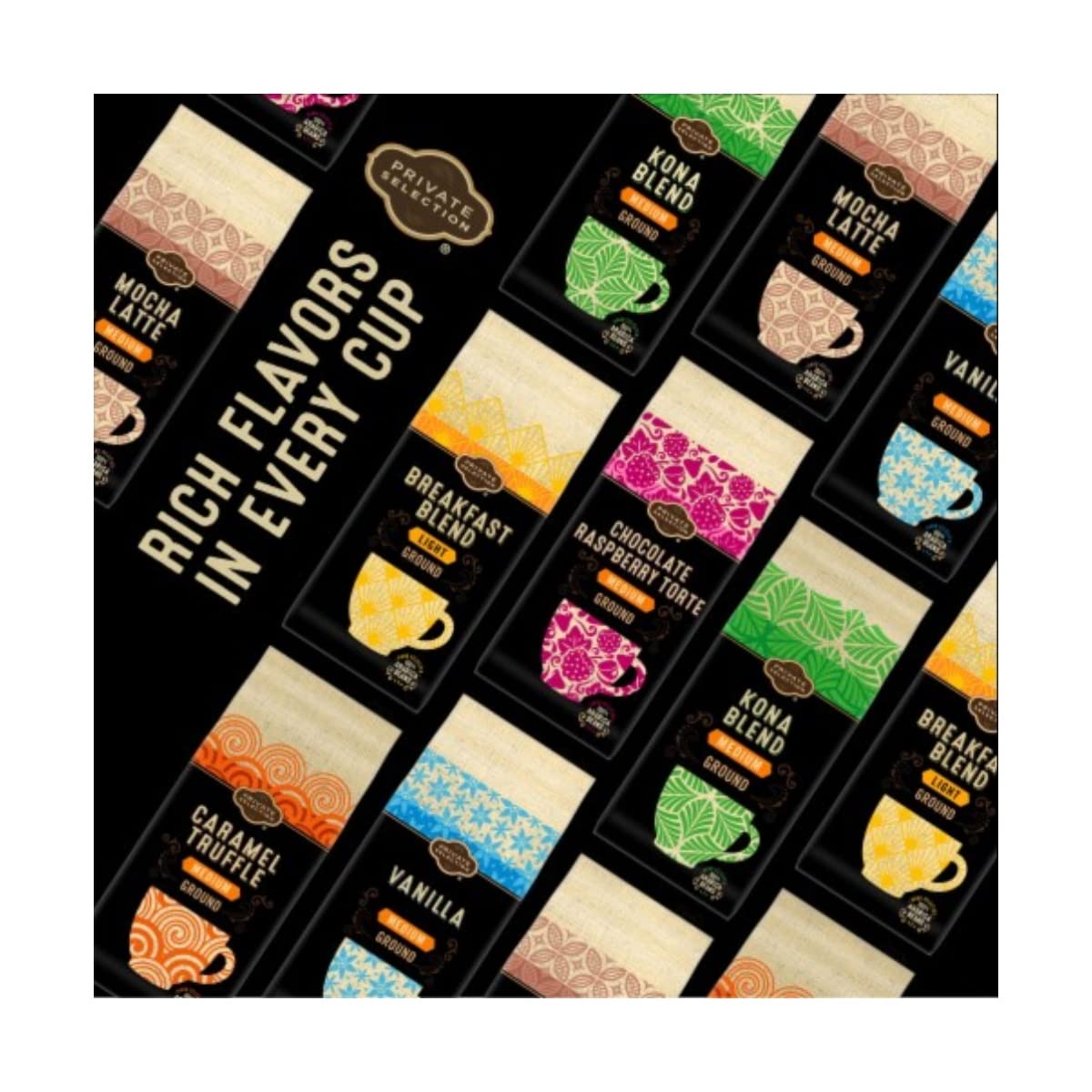 Private Selection Guatemalan Dark Roast pods on shelf display for easy selection
