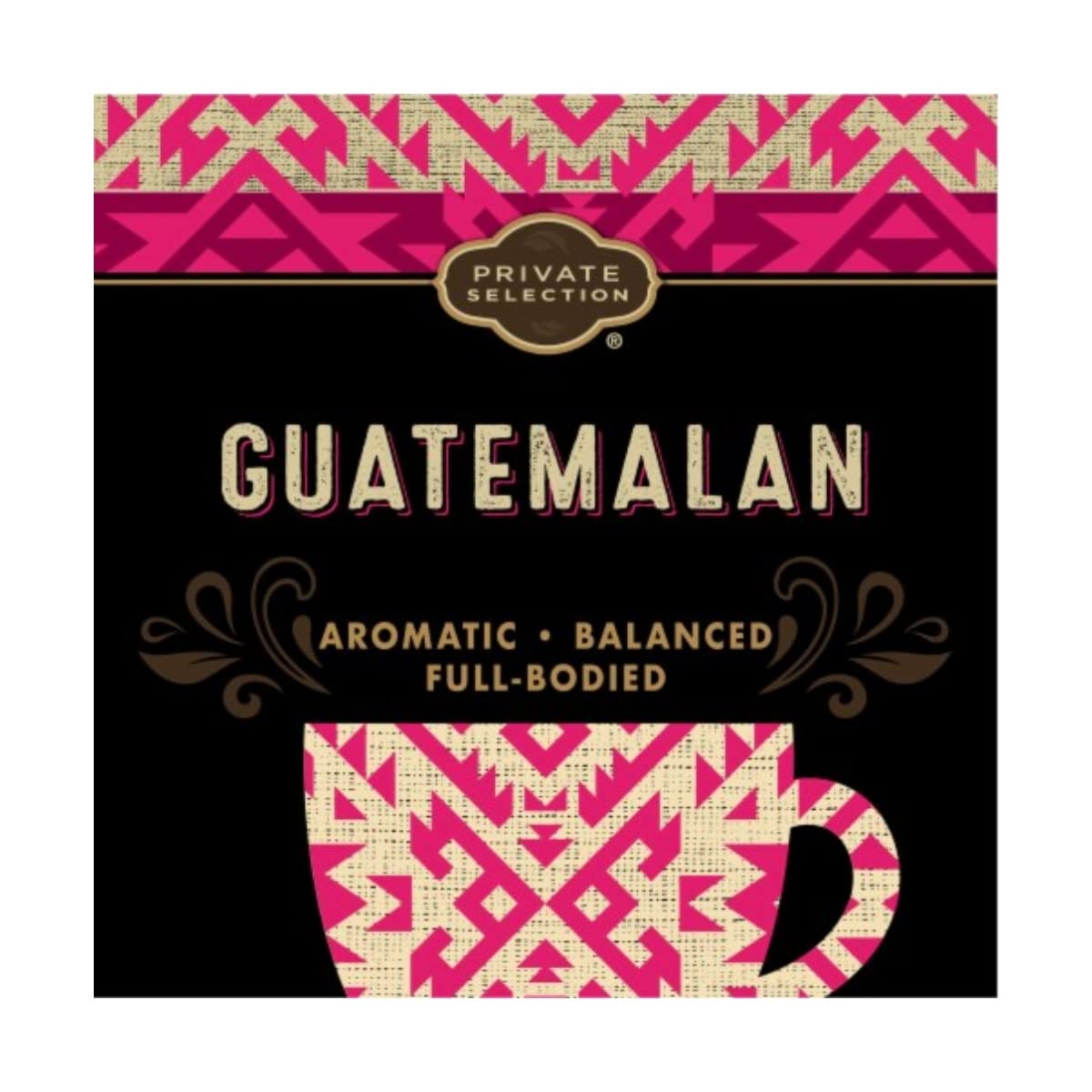 Private Selection Guatemalan Dark Roast K-Cup pods with steam, signaling easy brew