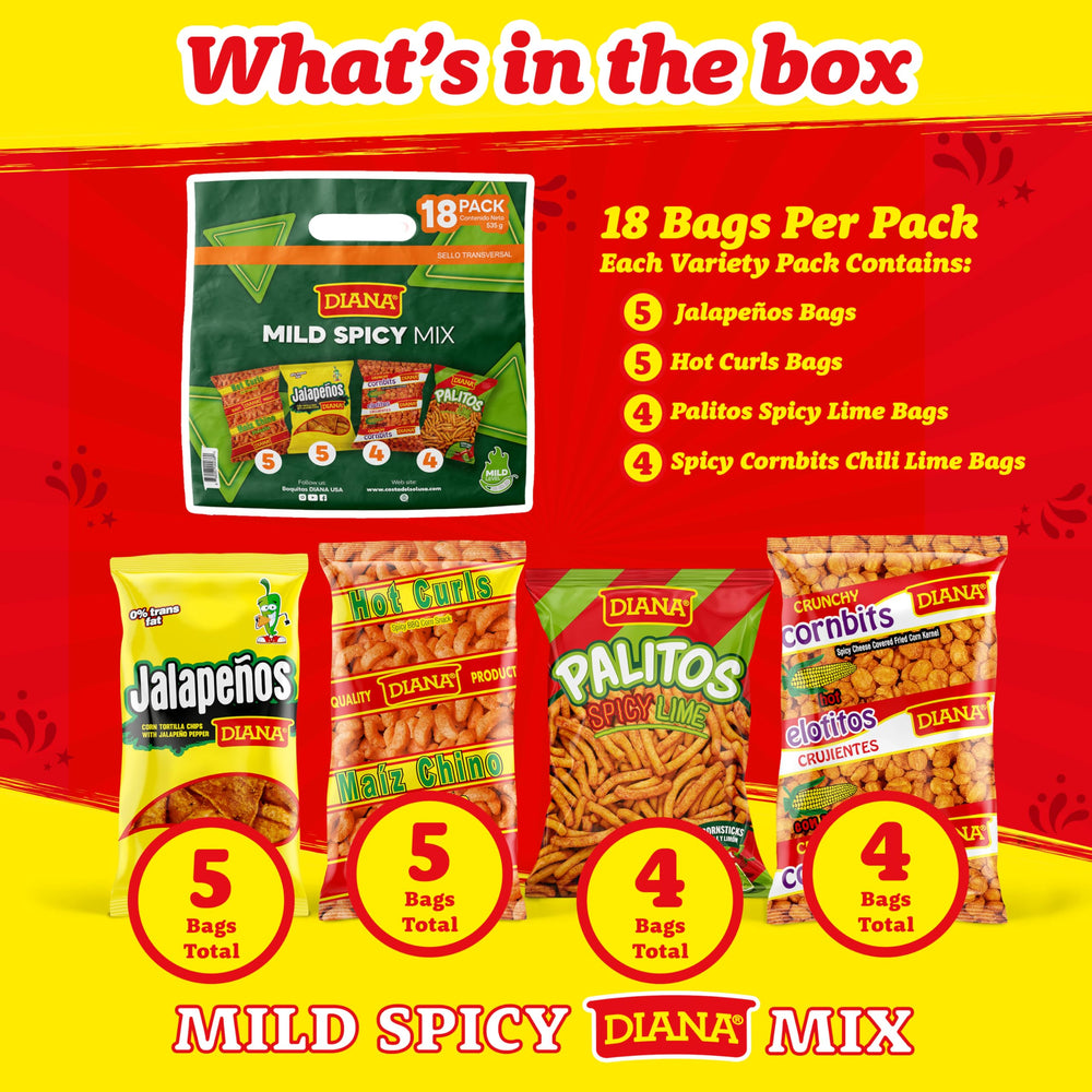 Prodiana Diana 18-pack variety snack assortment shows all flavors at a glance.