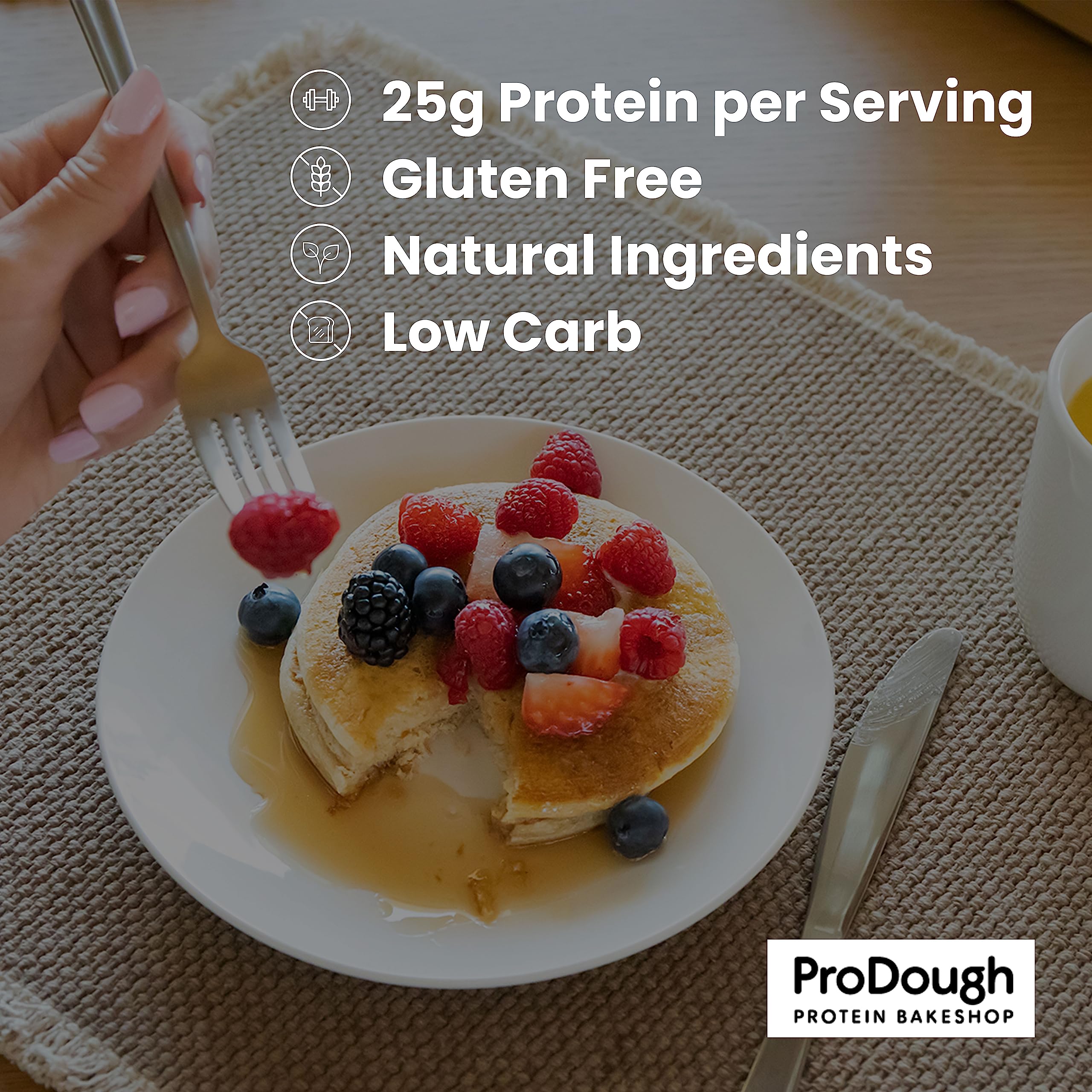 ProDough high-protein pancake powder shown with measuring cup for quick breakfast