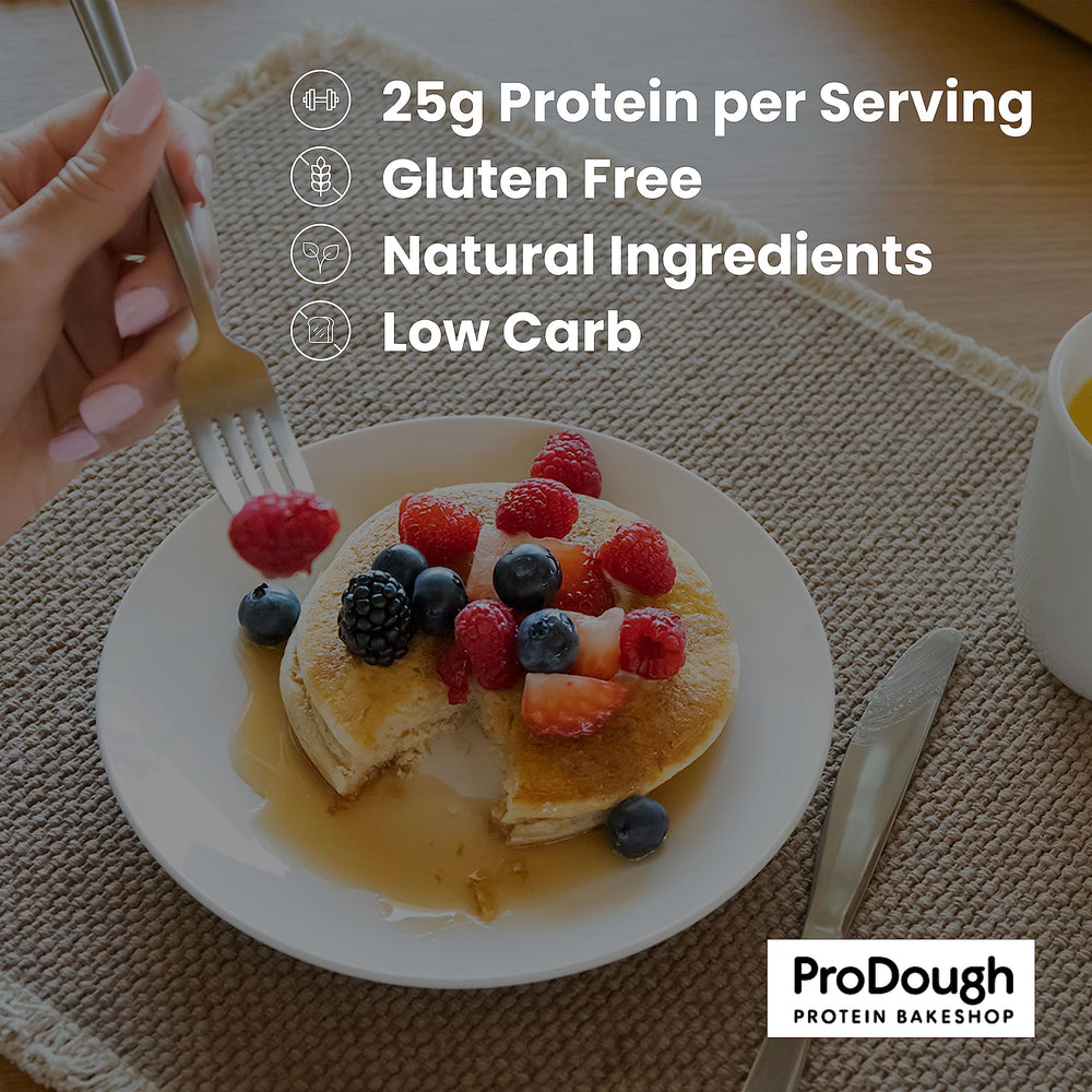 ProDough high-protein pancake powder shown with measuring cup for quick breakfast