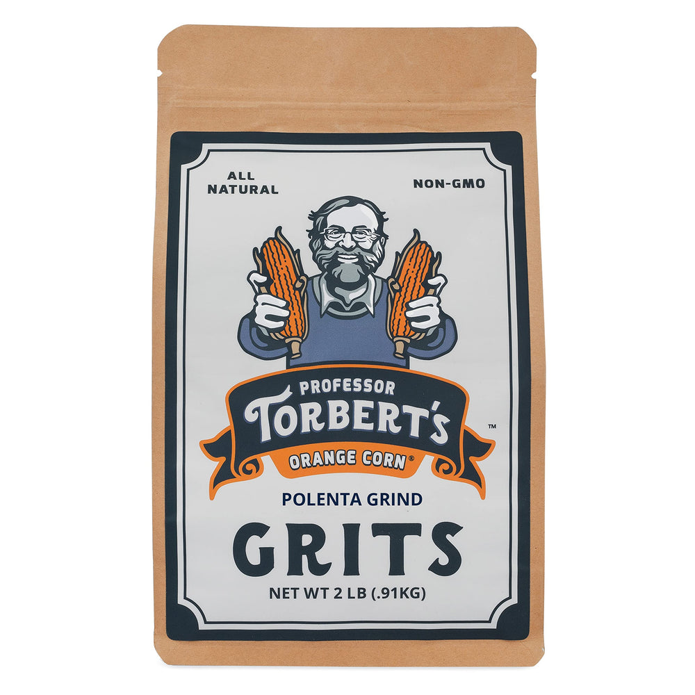 Professor Torbert's Orange Corn Grits in a bag; quick, creamy stovetop meals.