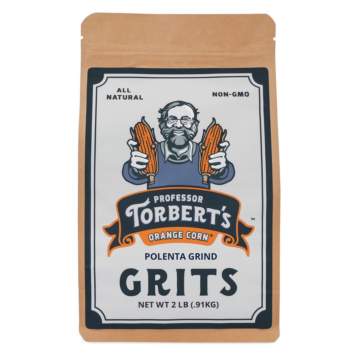 Professor Torbert's Orange Corn Grits in a bag; quick, creamy stovetop meals.