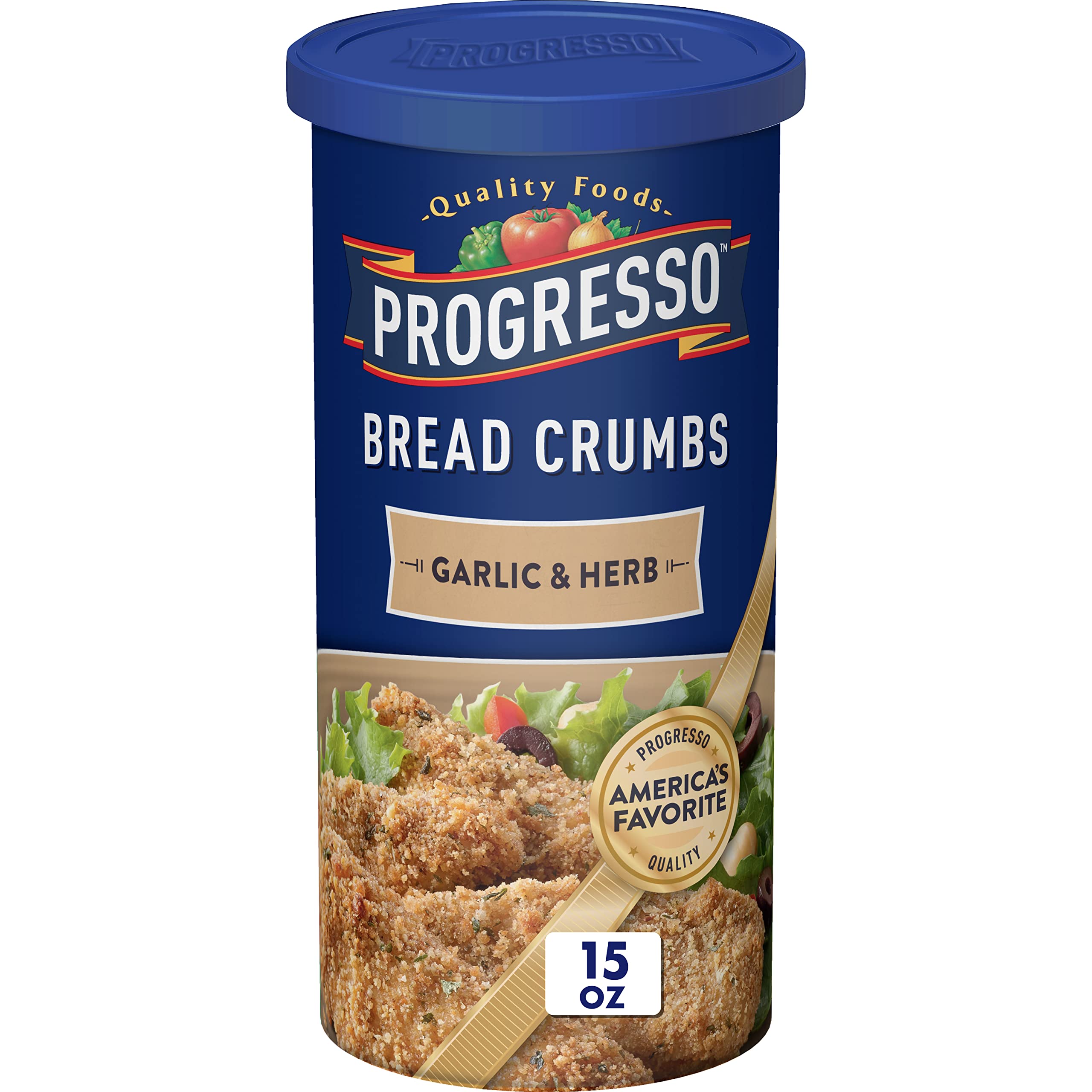 Progresso garlic and herb bread crumbs packaging, pantry staple for meals.