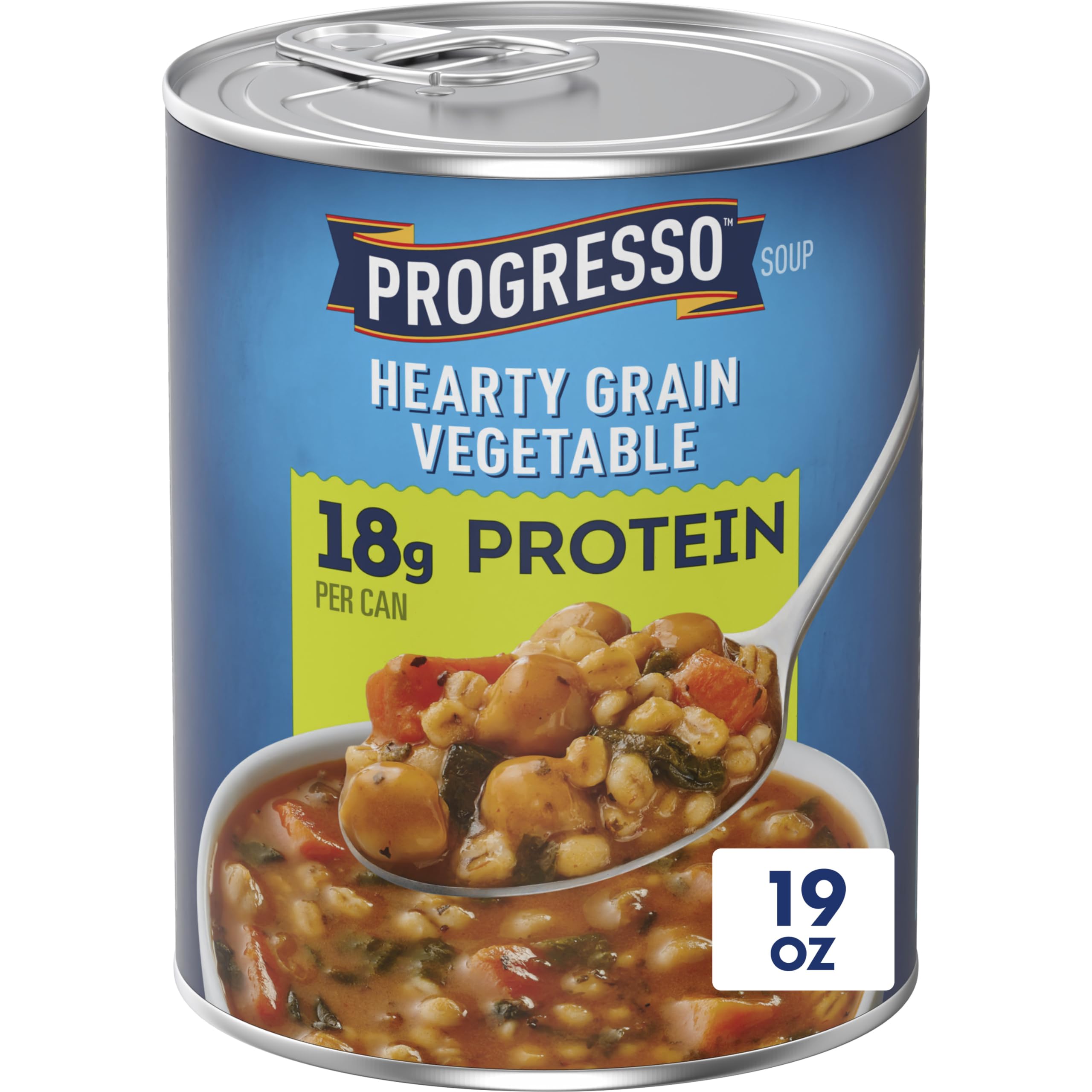 Progresso Protein Hearty Grain Vegetable Soup can label shows 18g protein per serving.