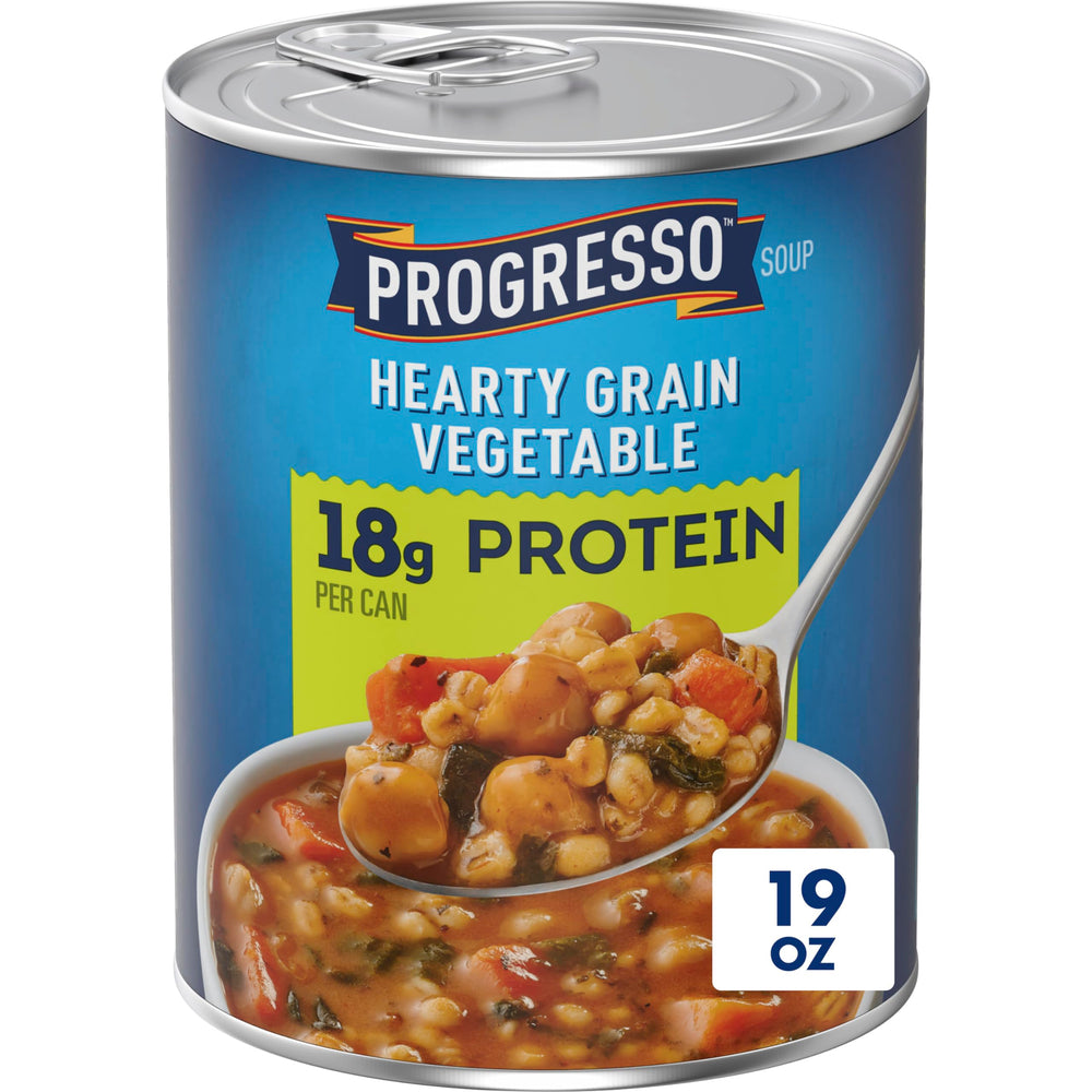 Progresso Protein Hearty Grain Vegetable Soup can label shows 18g protein per serving.