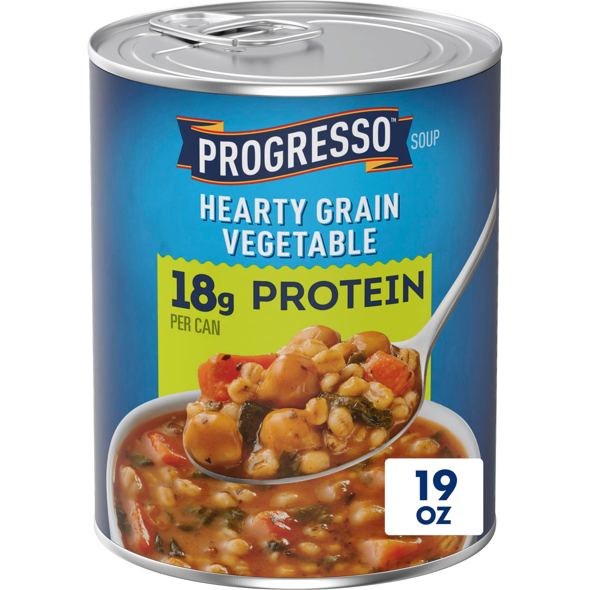 Progresso Protein Hearty Grain Vegetable Soup can label shows 18g protein per serving.