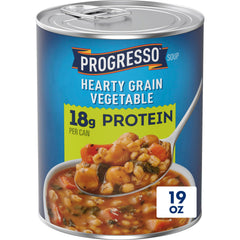 Progresso Protein Hearty Grain Vegetable Soup can label shows 18g protein per serving.