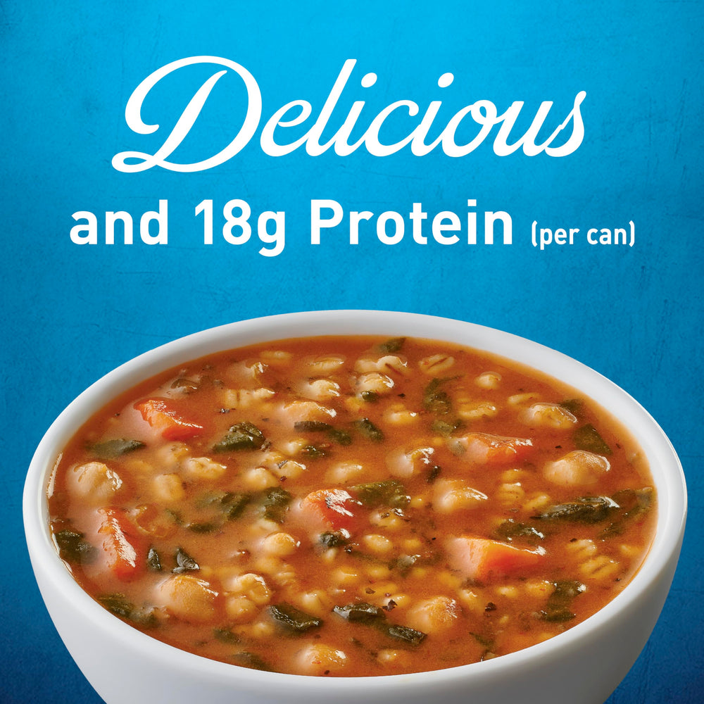 Visible chickpeas, barley and carrots in Progresso Protein Hearty Grain Vegetable Soup.