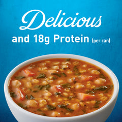 Visible chickpeas, barley and carrots in Progresso Protein Hearty Grain Vegetable Soup.