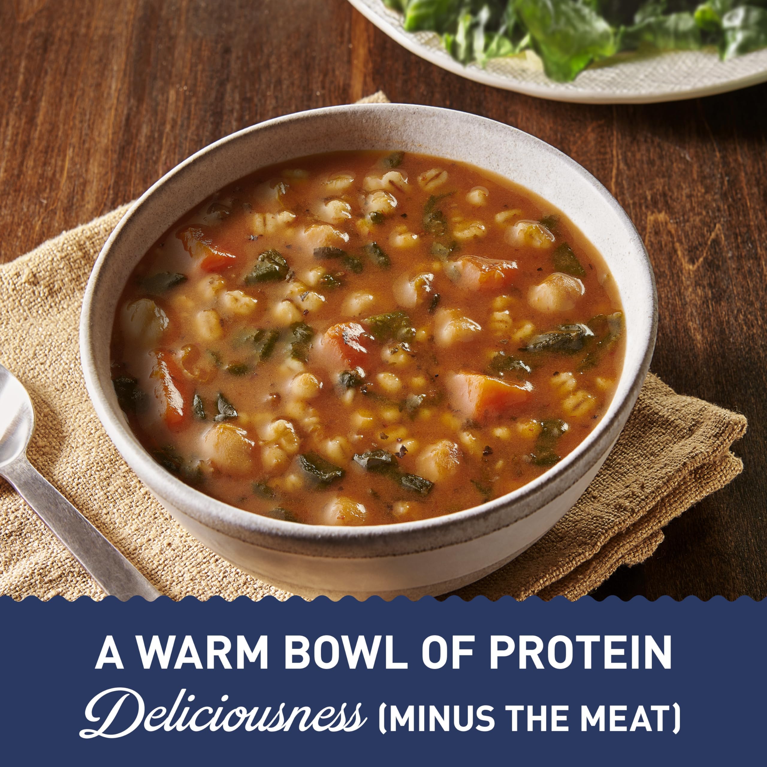 Microwave-safe bowl of Progresso Protein Hearty Grain Vegetable Soup in minutes.