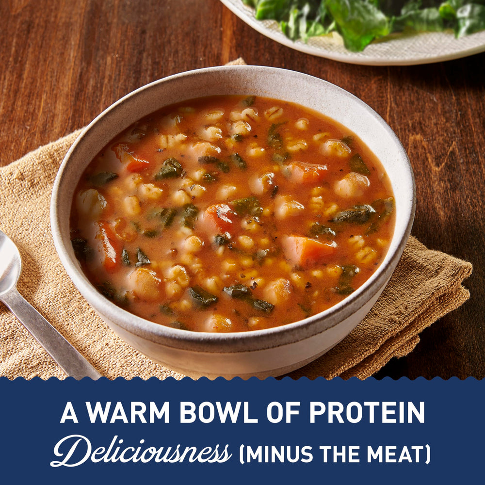 Microwave-safe bowl of Progresso Protein Hearty Grain Vegetable Soup in minutes.
