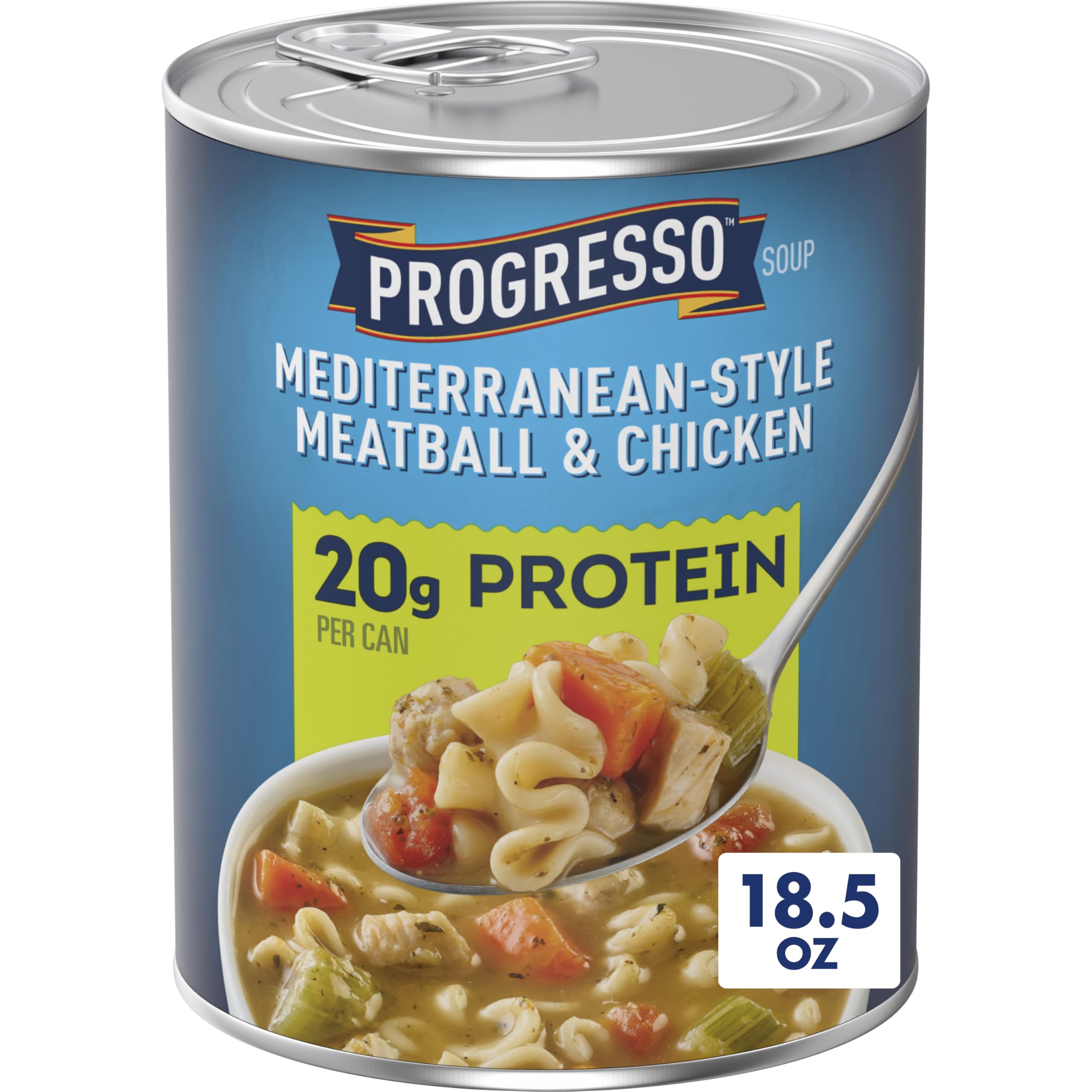 Progresso Protein Mediterranean-Style Meatball and Chicken Soup in a steaming bowl for a protein-rich meal.