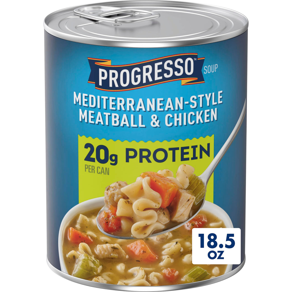 Progresso Protein Mediterranean-Style Meatball and Chicken Soup in a steaming bowl for a protein-rich meal.