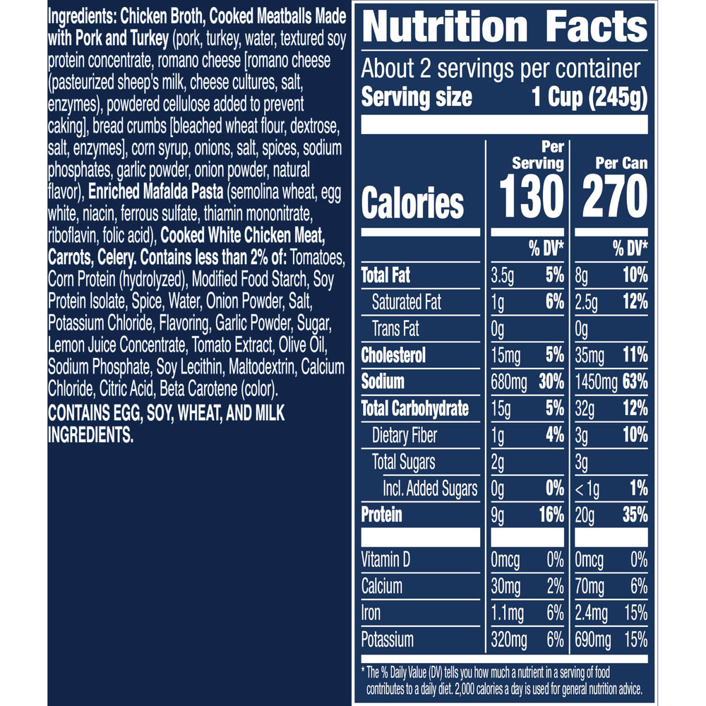 Progresso Protein Mediterranean-Style Meatball and Chicken Soup can label showcasing ready-to-serve convenience.