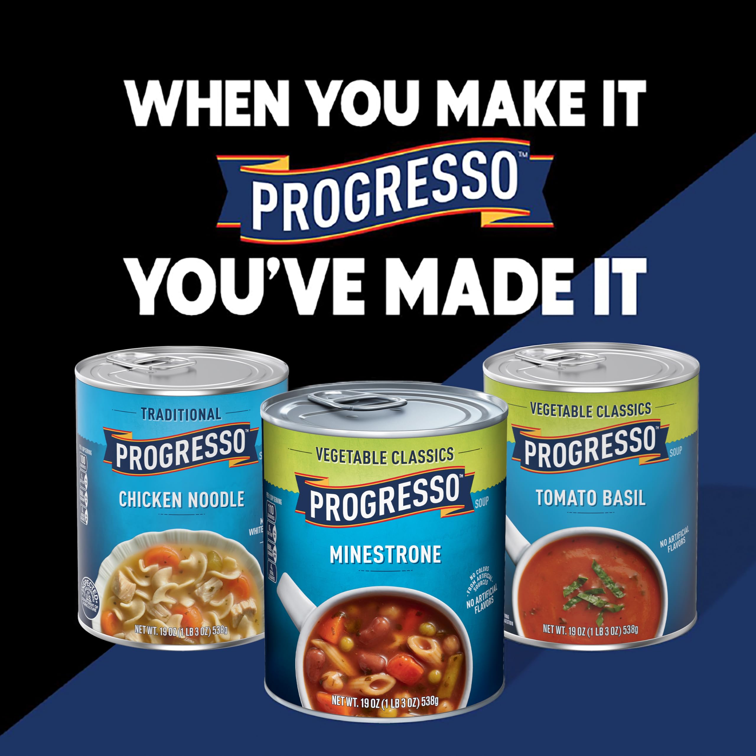 Serving spoon with Progresso soup ready to eat, highlighting convenience.