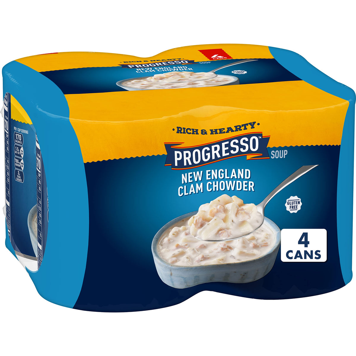 Progresso Rich & Hearty New England Clam Chowder bowl close-up shows creamy texture.