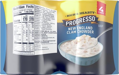 Progresso Rich & Hearty New England Clam Chowder cans in a four-pack for quick meals.