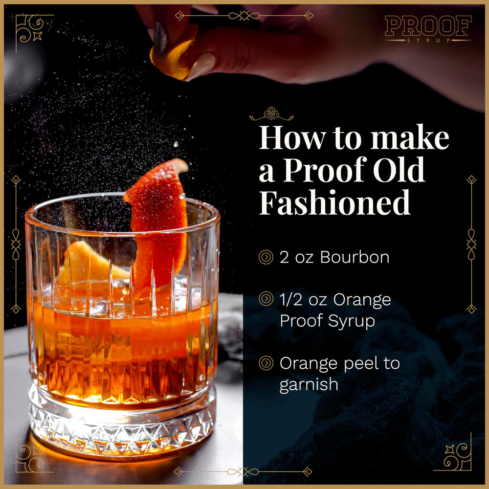 PROOF SYRUP Old Fashioned cocktail served in a glass with orange twist.