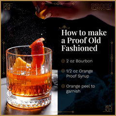 PROOF SYRUP Old Fashioned cocktail served in a glass with orange twist.