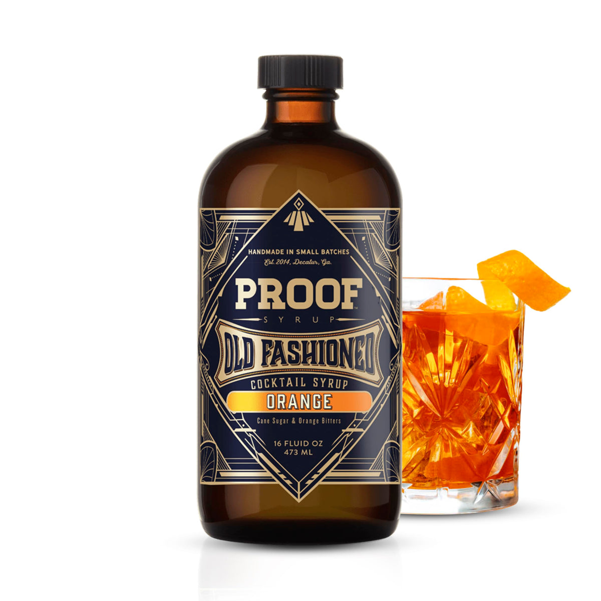 PROOF SYRUP Old Fashioned orange bottle on a bar for effortless cocktail crafting.