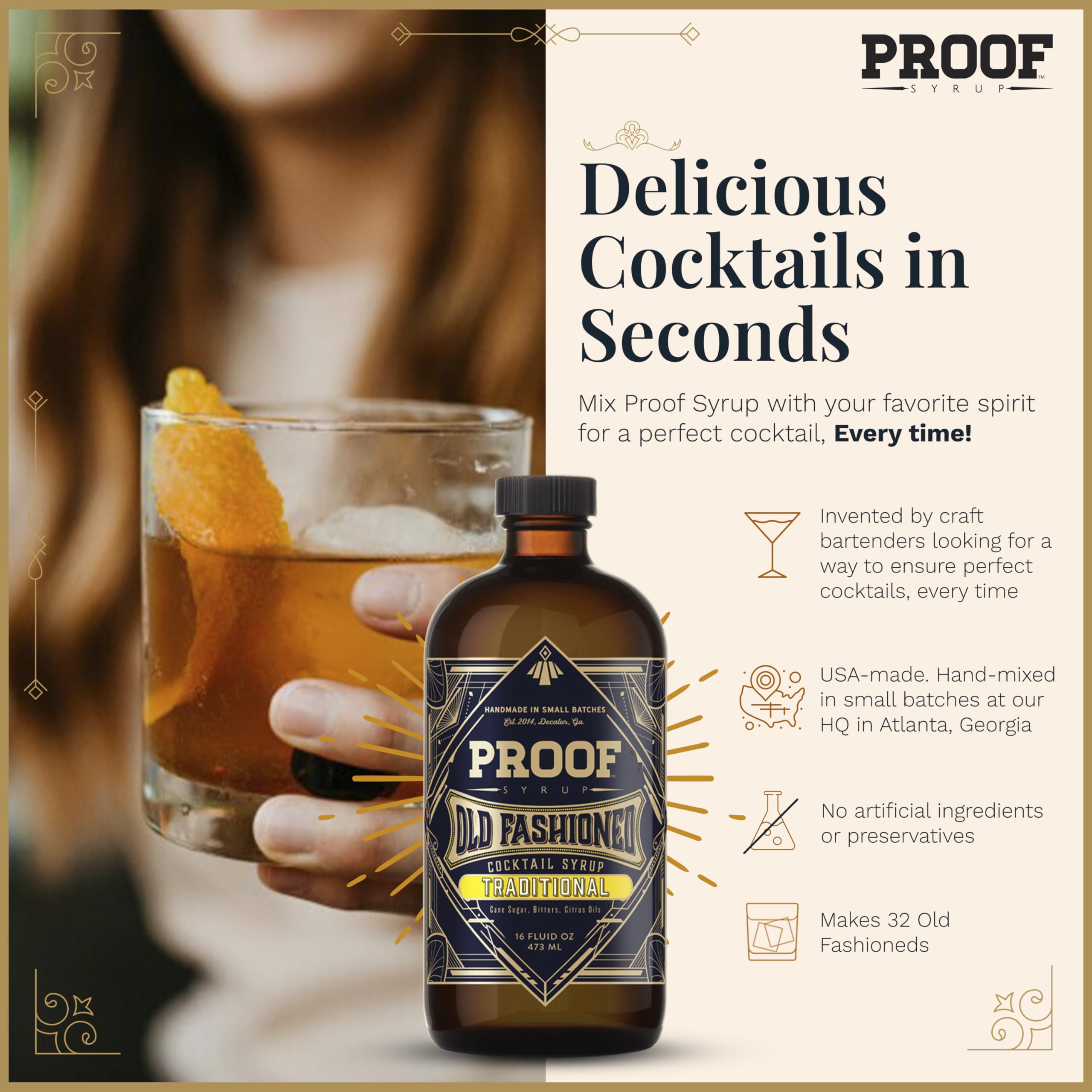 Proof Syrup Old Fashioned bottle label highlights handcrafted quality and real bitters.
