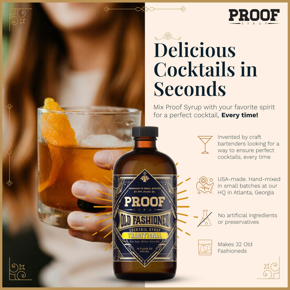 Proof Syrup Old Fashioned bottle label highlights handcrafted quality and real bitters.