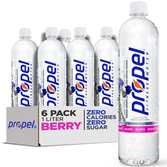 Propel Berry fitness water bottle 1L shows zero calories for workouts.