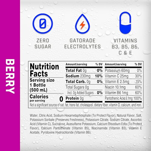 Propel Berry label close-up highlights electrolytes and vitamins for hydration.