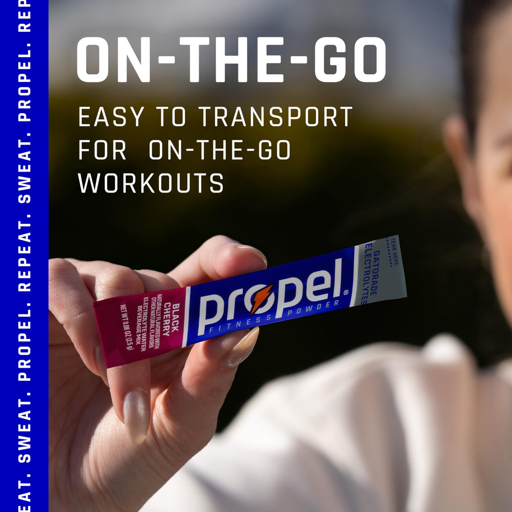 Propel bottle with dissolved powder for on-the-go hydration.