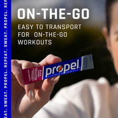 Propel bottle with dissolved powder for on-the-go hydration.