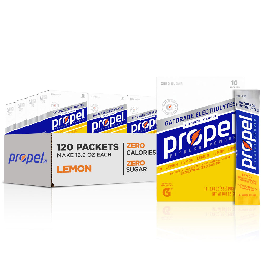 Propel raspberry lemonade electrolyte packets on the go for hydration.