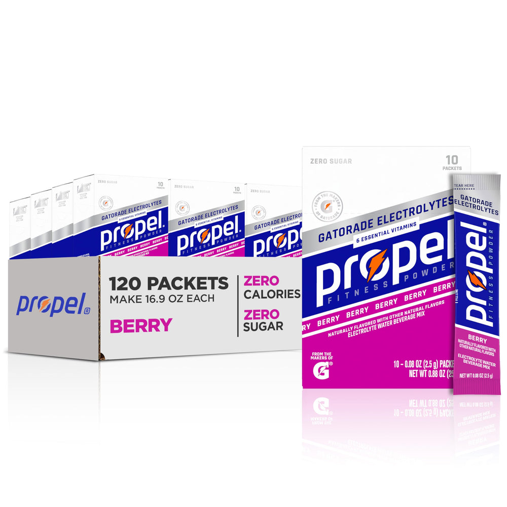 Propel electrolyte packets in black cherry for on-the-go hydration.