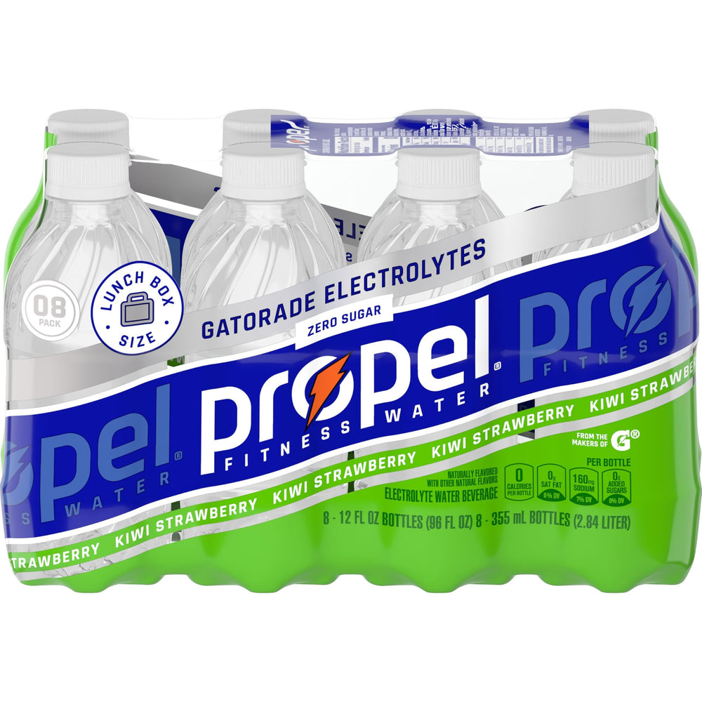 Propel Kiwi Strawberry bottle demonstrates zero-calorie hydration with electrolytes and vitamins for active days.