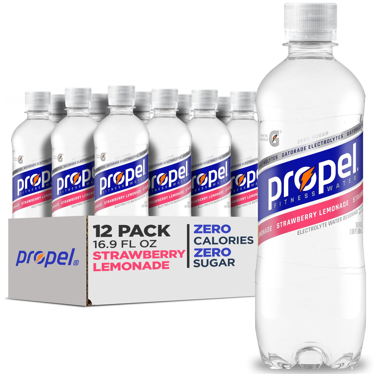 Propel Electrolyte Water bottle with strawberry lemonade for workout hydration.