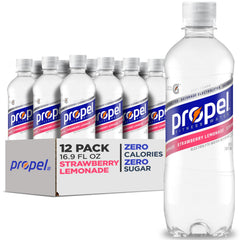 Propel Electrolyte Water bottle with strawberry lemonade for workout hydration.