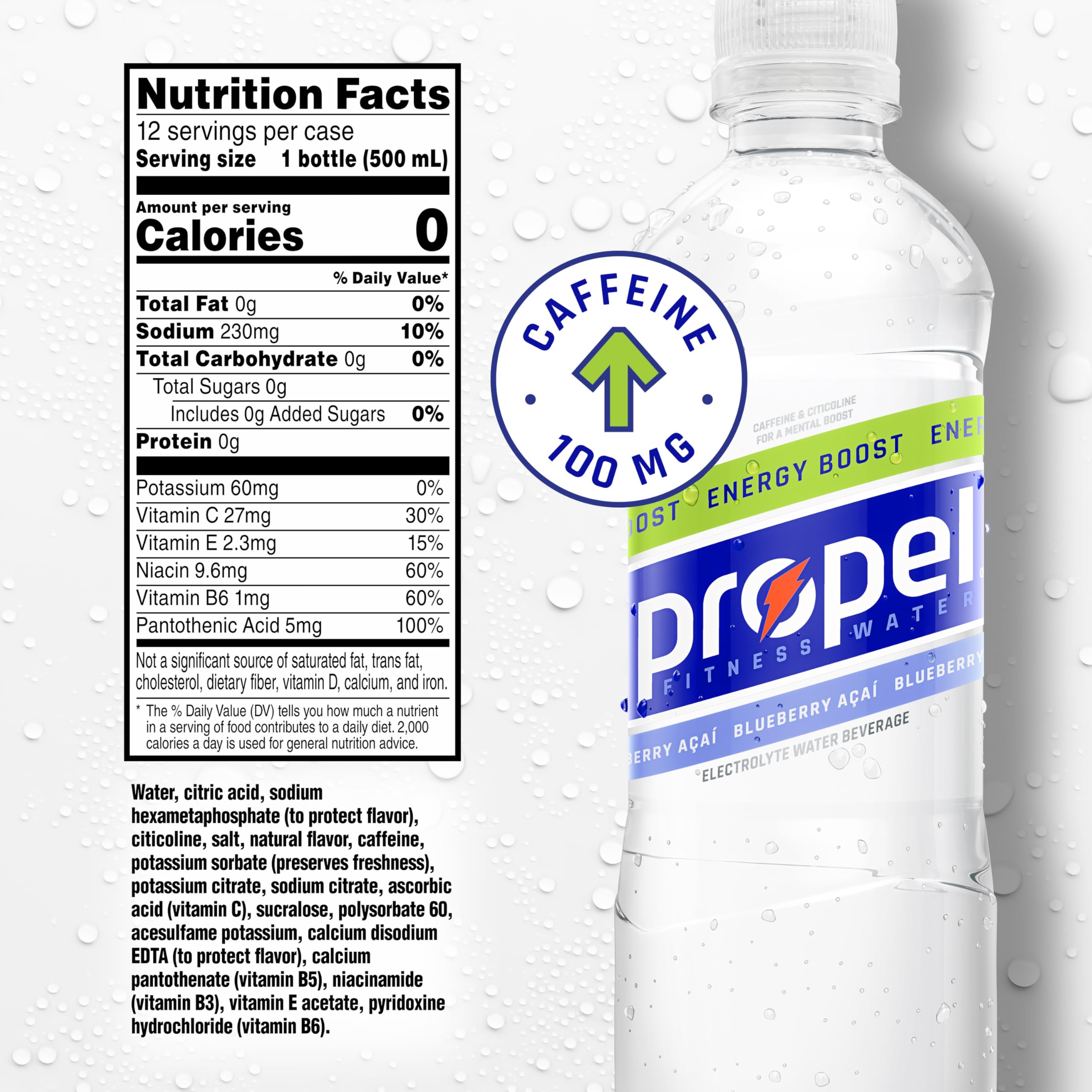 Propel Energy Boost Blueberry Acai label closeup showing electrolytes and caffeine