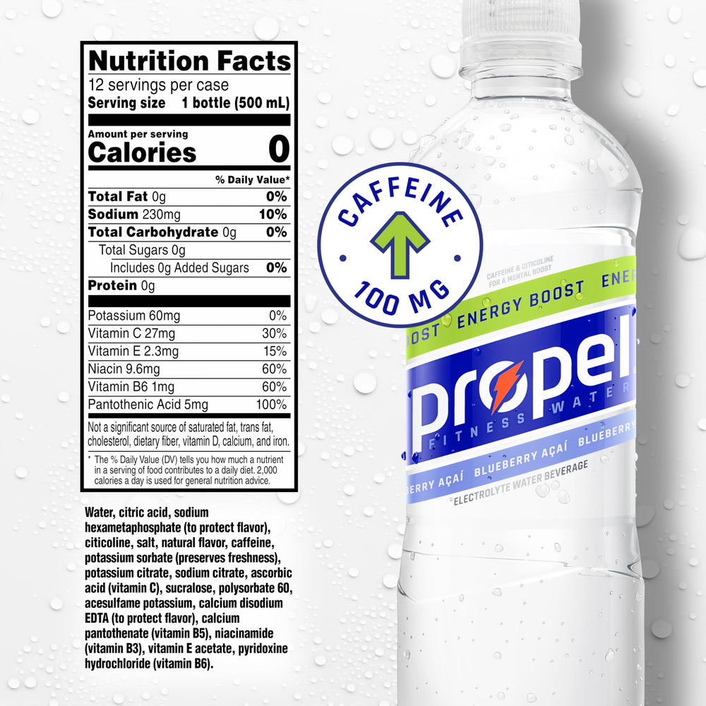 Propel Energy Boost Blueberry Acai label closeup showing electrolytes and caffeine