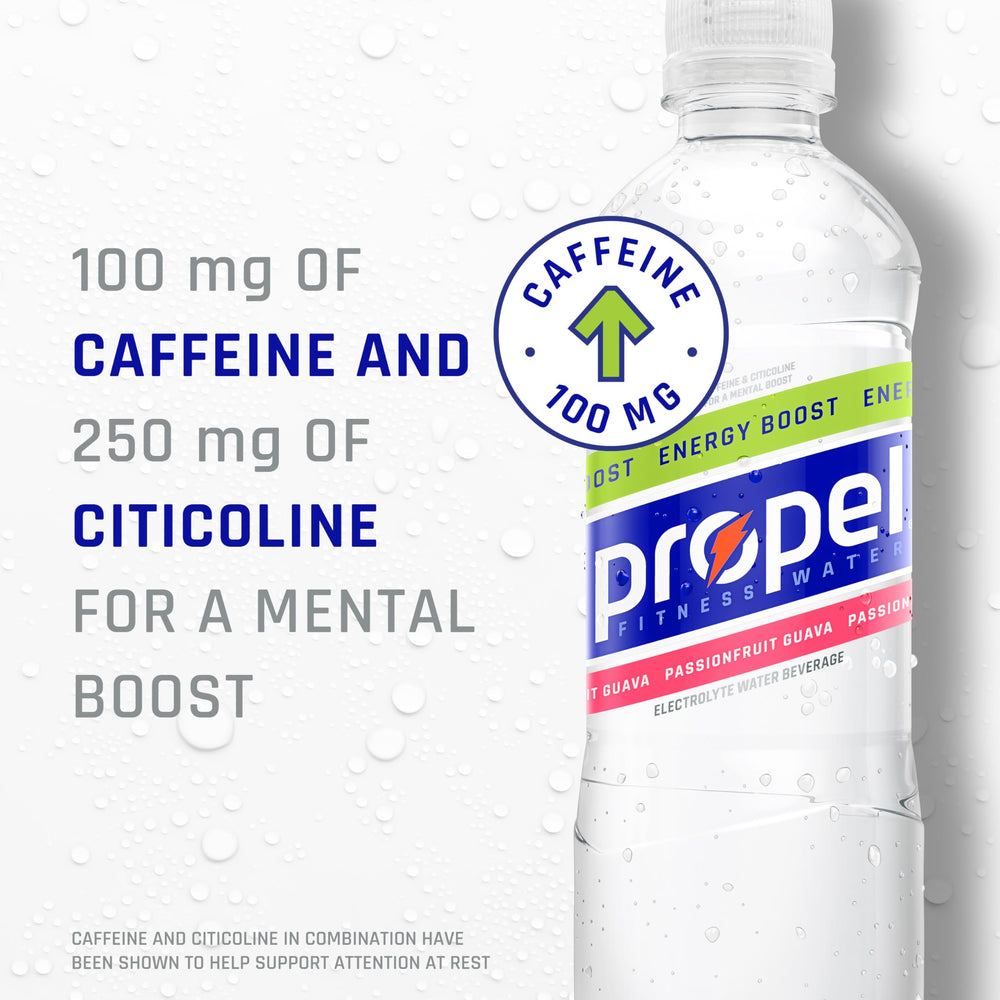Propel Energy Boost bottle pouring, convenient zero calorie hydration on the go.