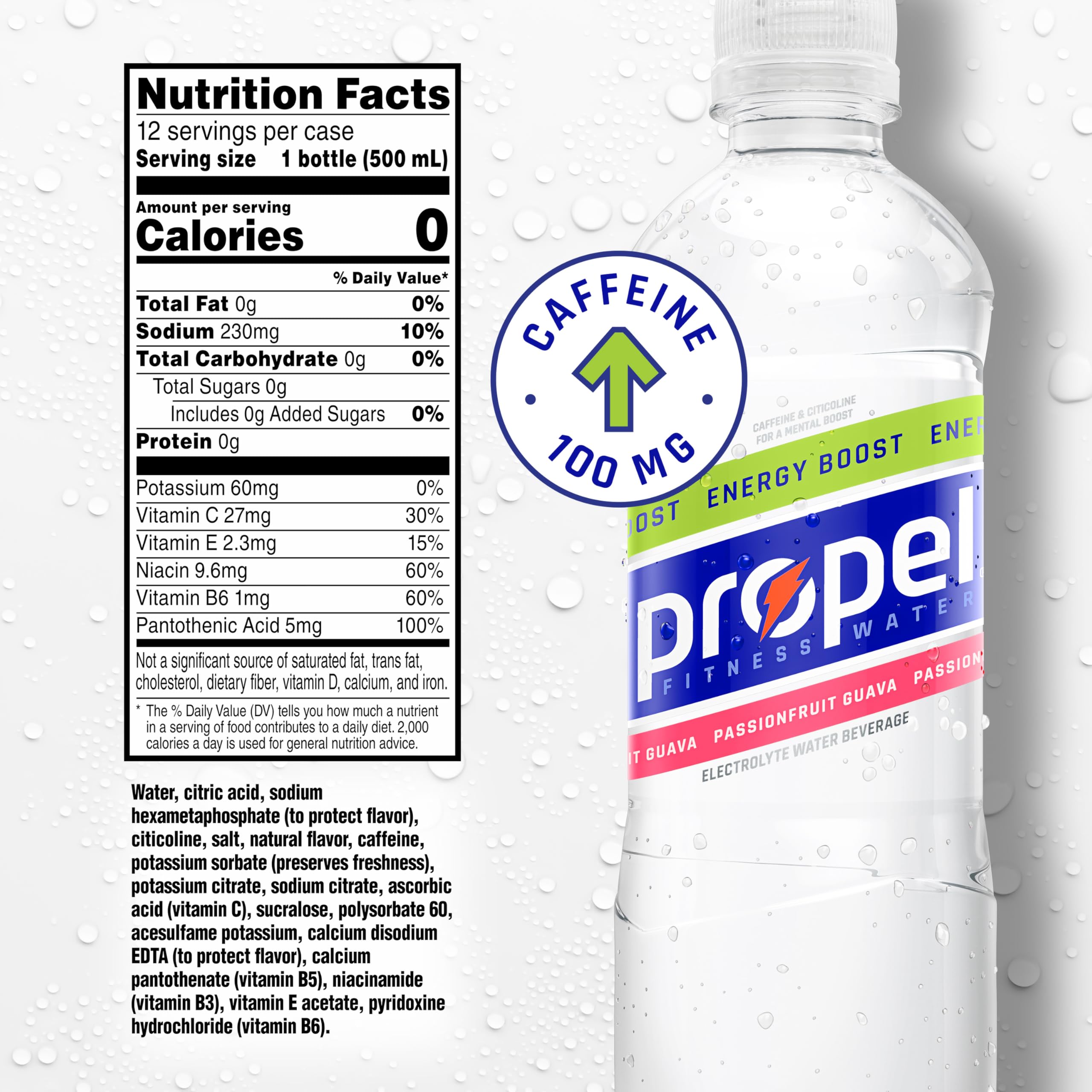 Propel Energy Boost bottle close-up, caffeine boost for focus during workouts.