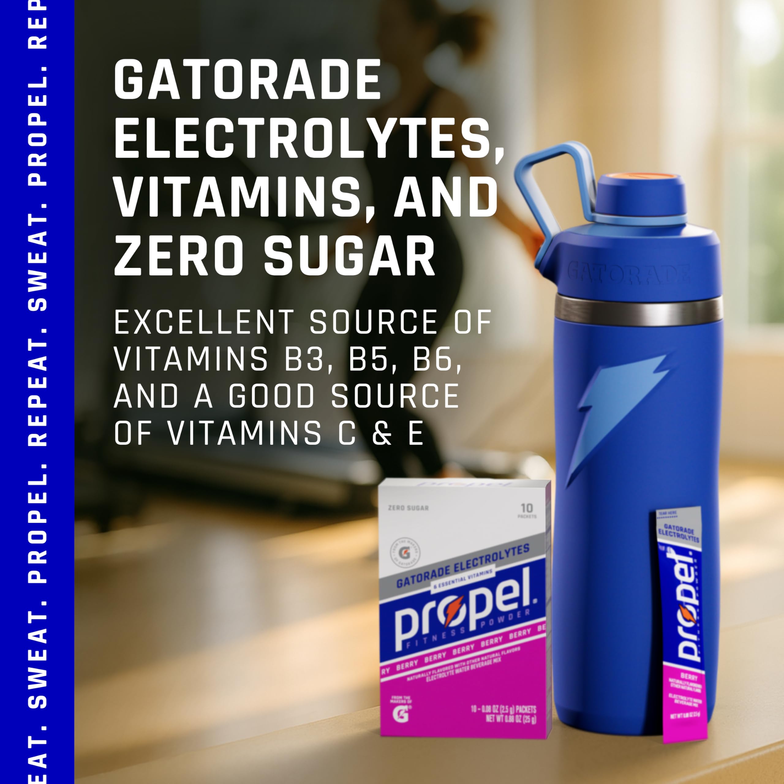 Propel glass with water and packet ready for on-the-go fueling.