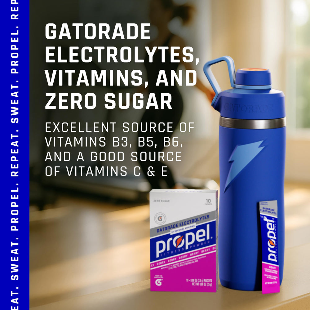 Propel glass with water and packet ready for on-the-go fueling.